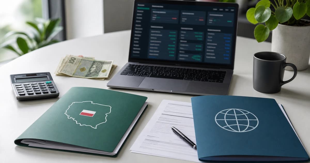 Biurko z dokumentami i dwoma folderami symbolizującymi polski oraz zagraniczny rachunek maklerski