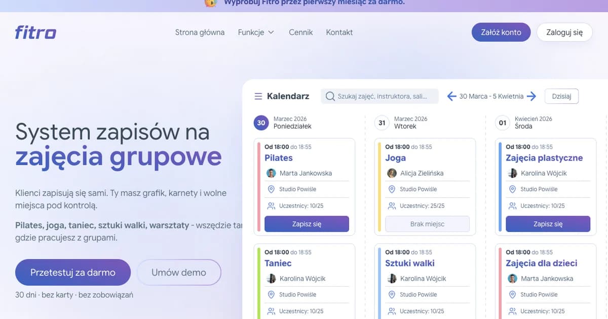 Strona główna Fitro z przykładowym grafikiem zajęć grupowych.