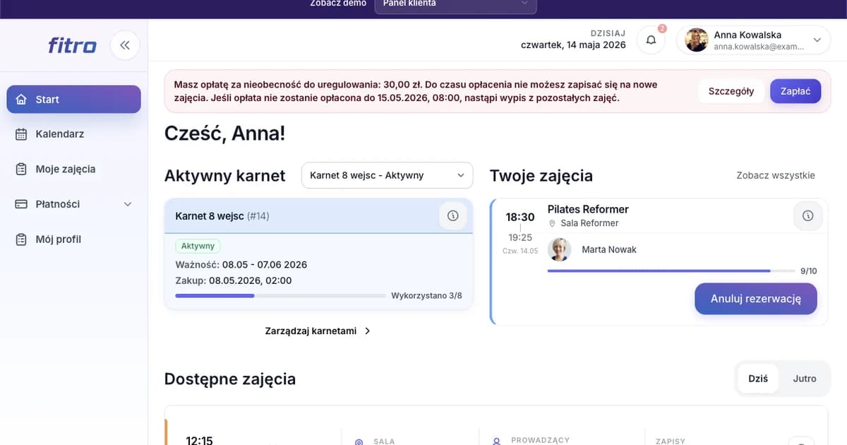 Zalogowany klient Fitro z aktywnym karnetem, rezerwacją i dostępnymi zajęciami.