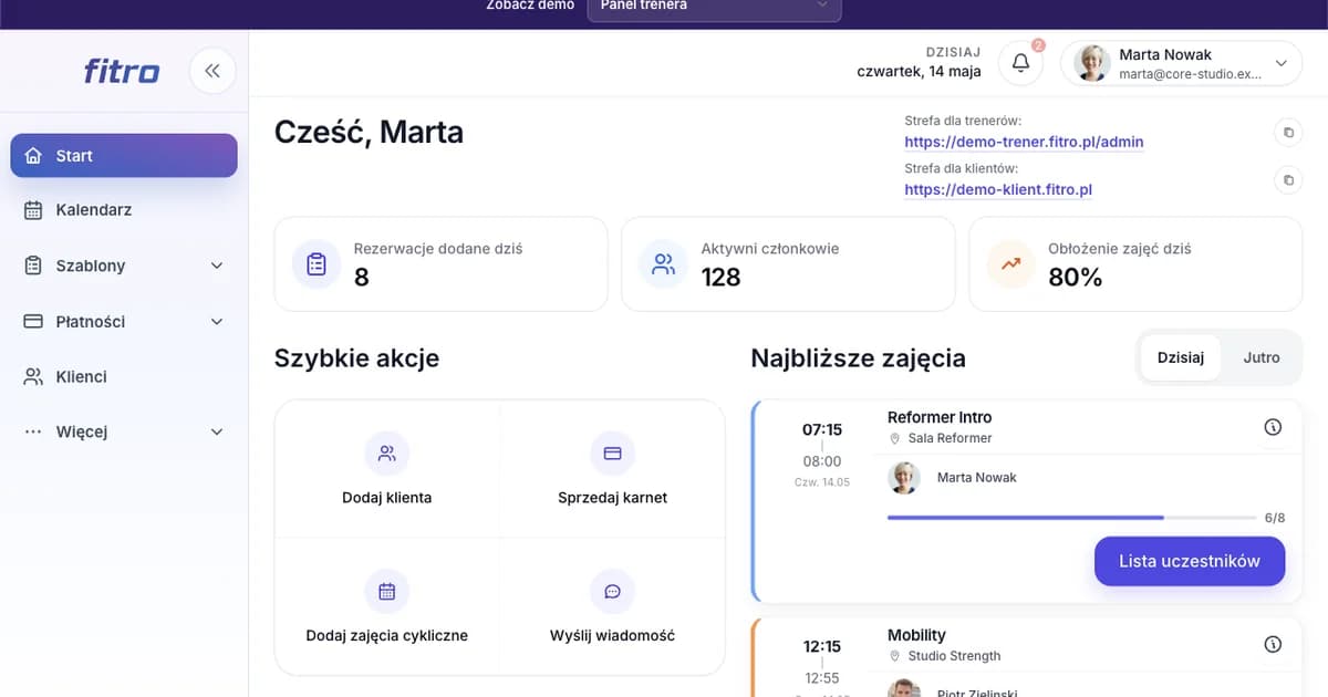 Panel trenera Fitro z dashboardem, szybkimi akcjami i najbliższymi zajęciami.