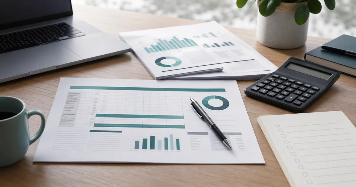 Biurko z raportami finansowymi, kalkulatorem i checklistą do oceny pokrycia dywidendy gotówką.