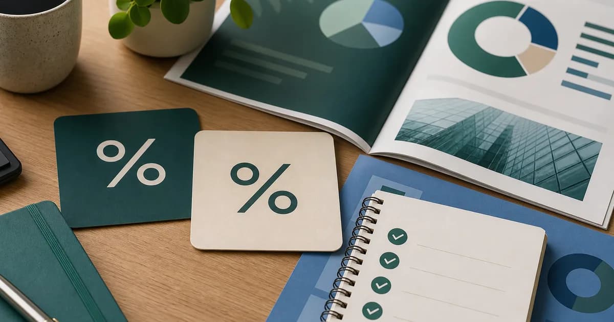 Biurko z raportami finansowymi, kartami procentowymi i checklistą do spokojnej oceny dywidendy.
